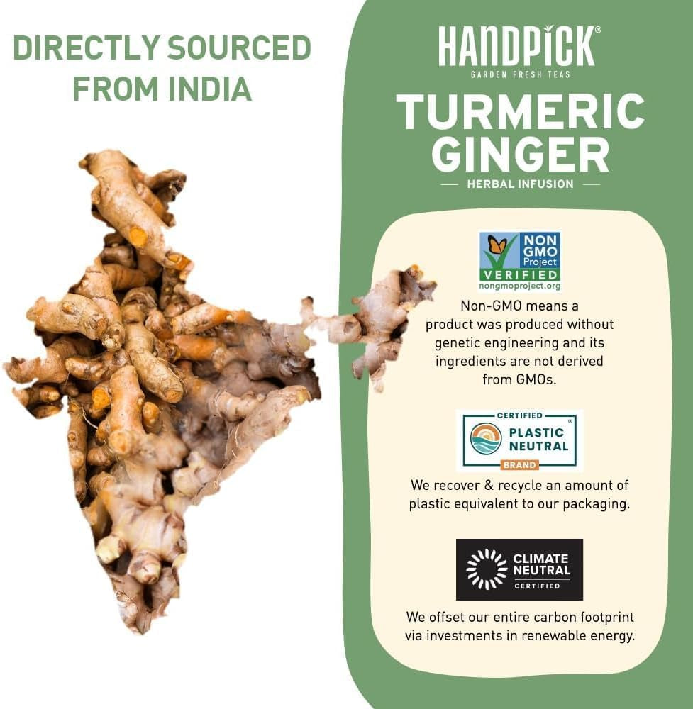 HANDPICK, Turmeric Ginger Tea Bags (100 Herbal Tea Bags) Caffeine Free, Gluten F