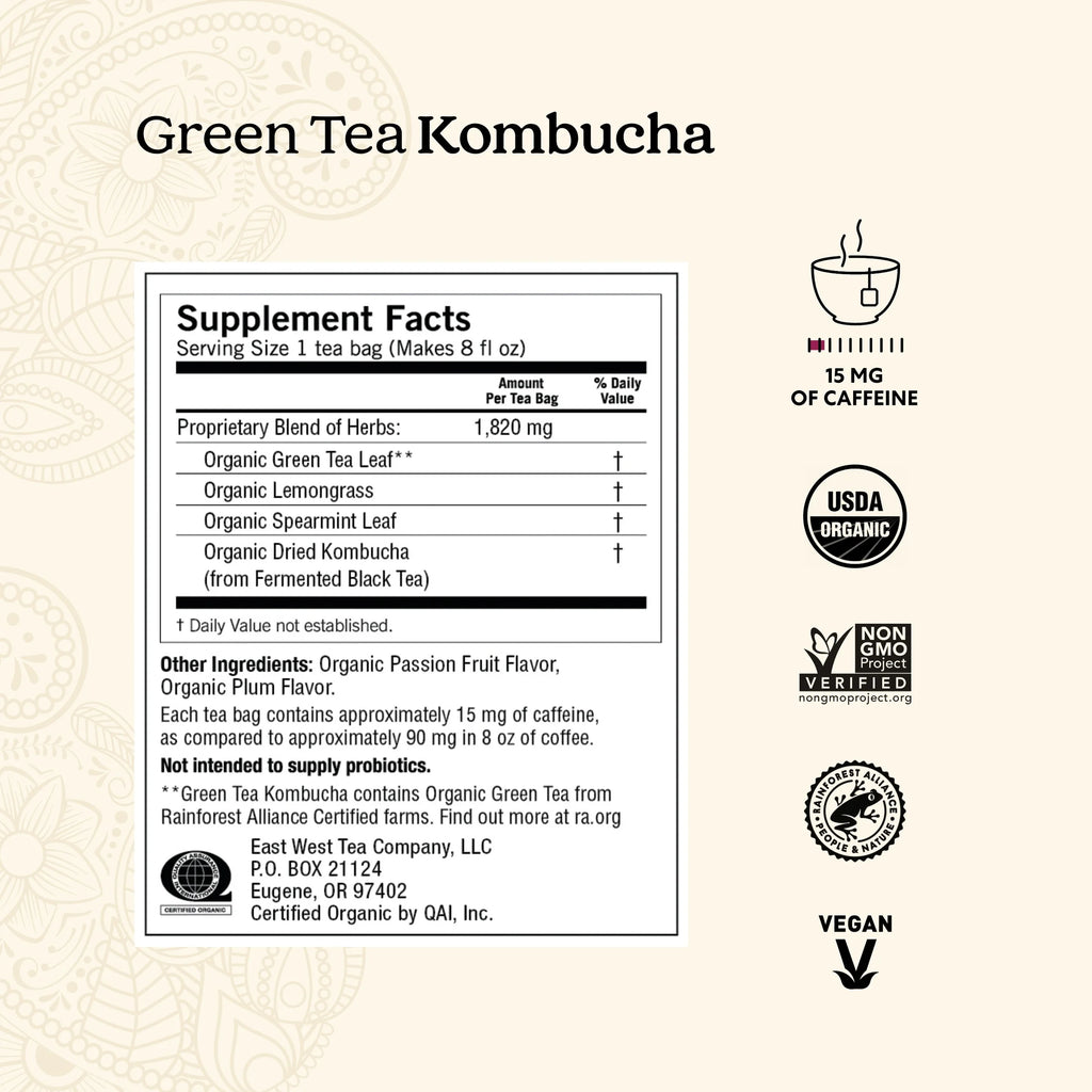 Tea, Green Tea Kombucha Tea, Tea Bags, 16 Ct, 1.12 OZ