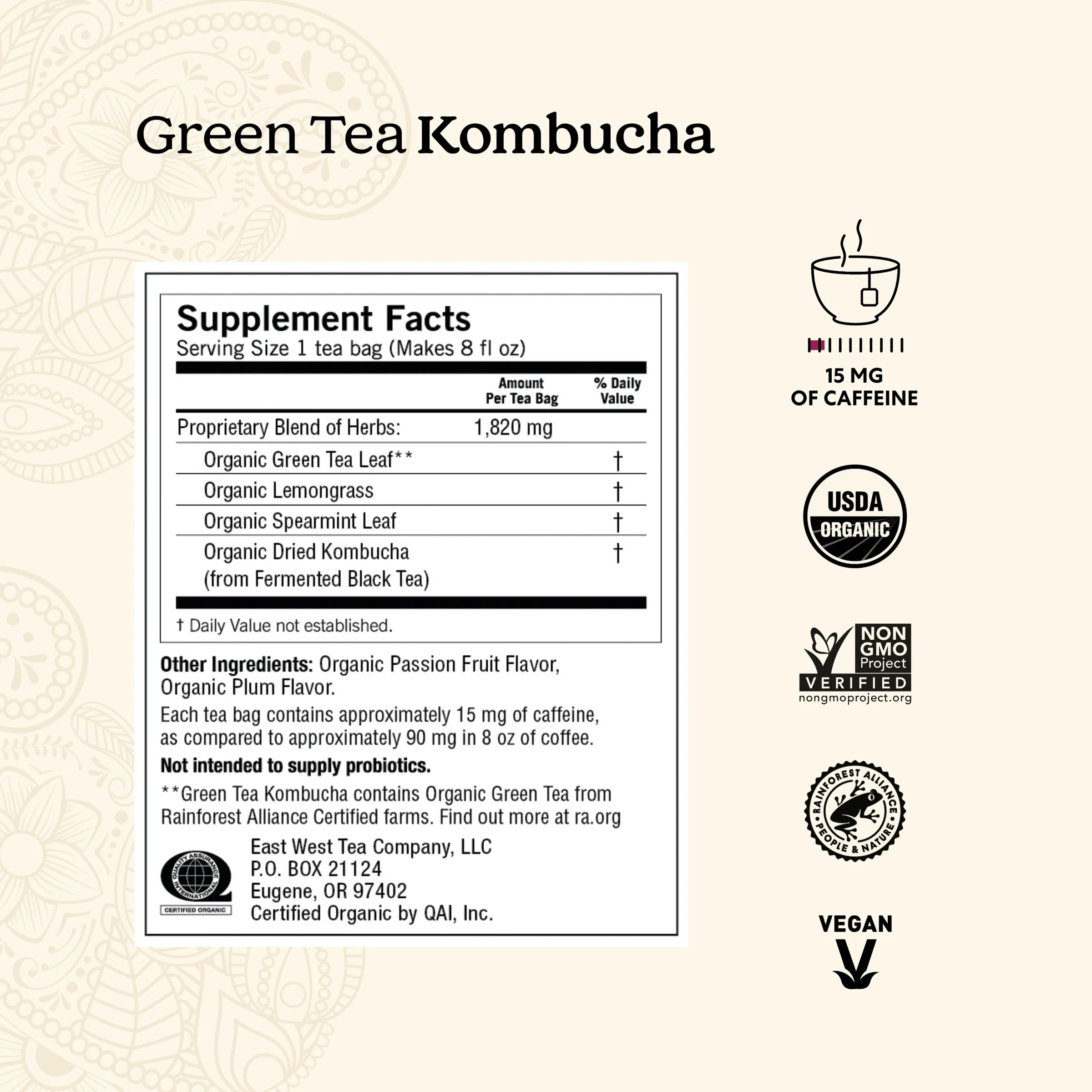 Tea, Green Tea Kombucha Tea, Tea Bags, 16 Ct, 1.12 OZ