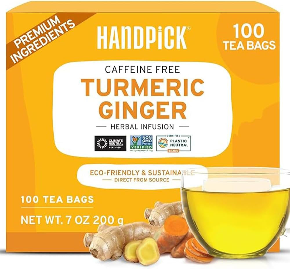 HANDPICK, Turmeric Ginger Tea Bags (100 Herbal Tea Bags) Caffeine Free, Gluten F