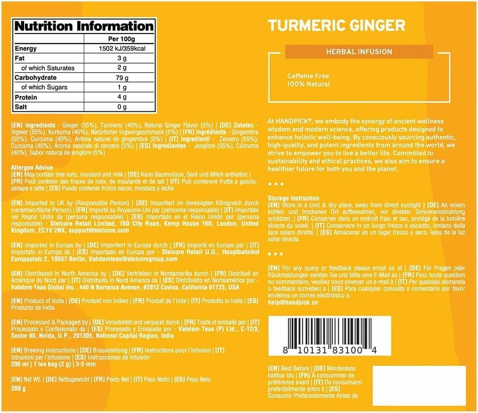 HANDPICK, Turmeric Ginger Tea Bags (100 Herbal Tea Bags) Caffeine Free, Gluten F