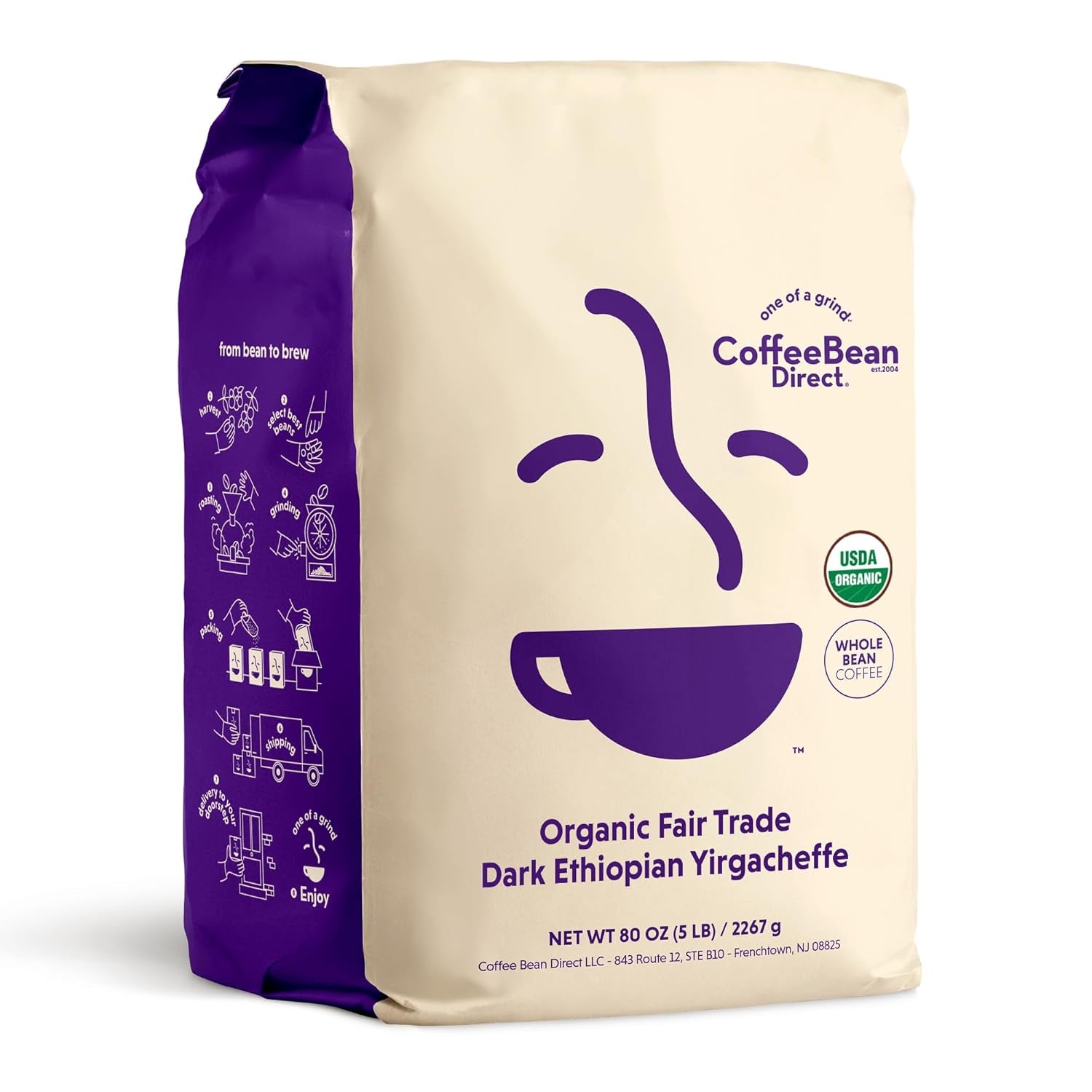 Organic Fair Trade Dark Ethiopian Yirgacheffe, Whole Bean Coffee, Arabica Coffee, Dark Roast, 5 Pound Bag (Pack of 1)