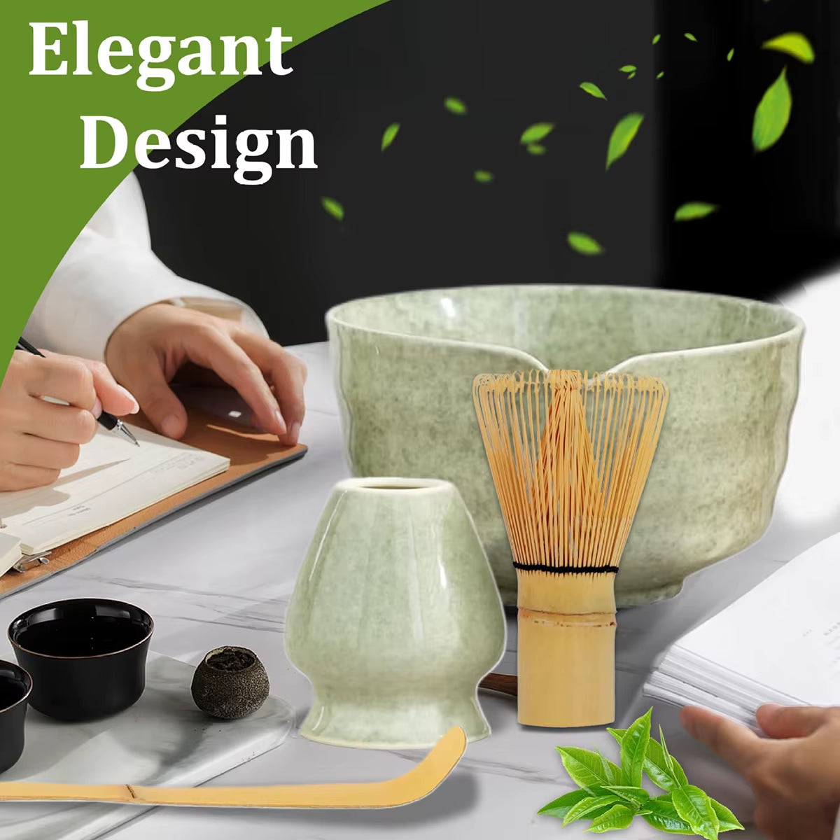 Stylish Tea Set Packaged in a Classic Chinese Gift Box Tea Bowl Tea Whisk Matcha Brush Four Piece Set