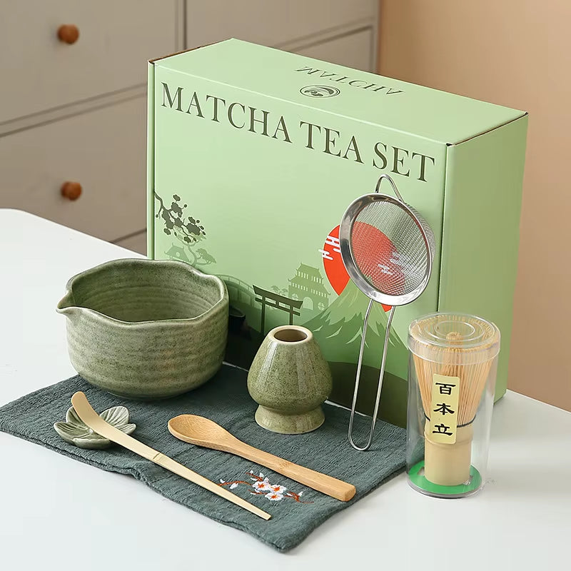 Matcha Whisk Set, 8Pcs Floral Ceramic Matcha Set Matcha Thoughtful Matcha Whisk Gift for Matcha Lover
