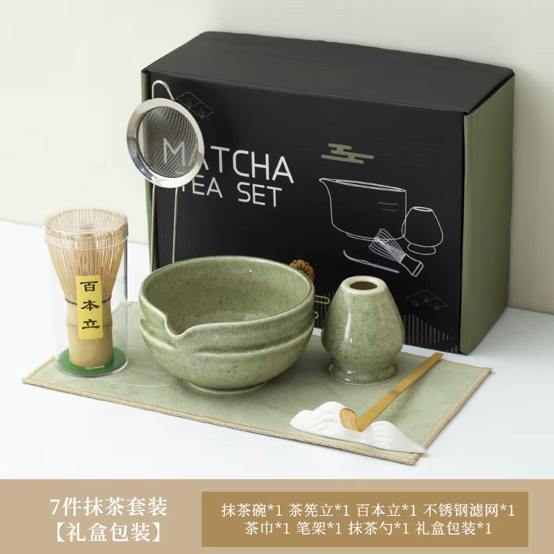 Matcha Kit 7Pcs Japanese Matcha Tea Set - Matcha Bowl, Whisk, Holder, Strainer - Elegant Gift Set