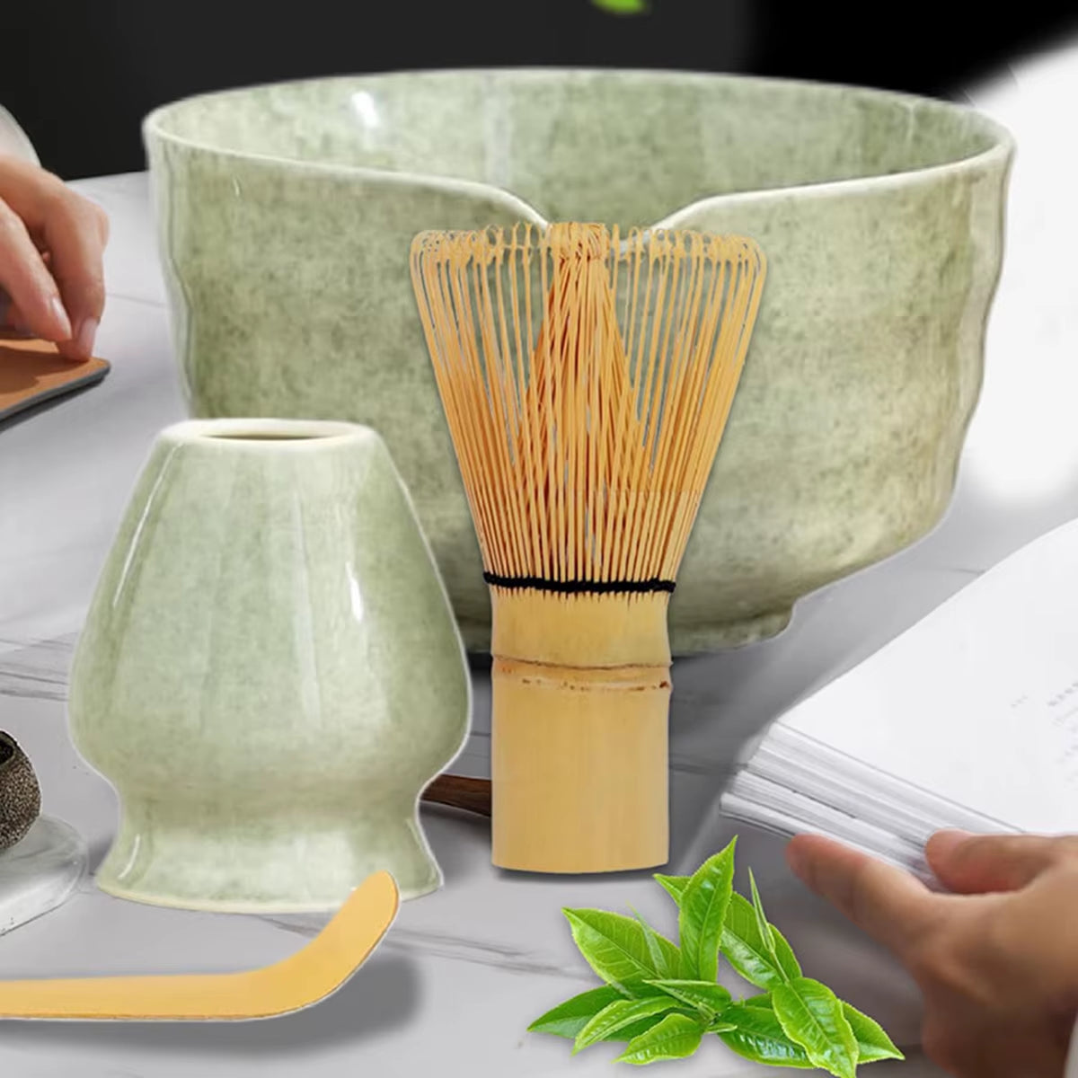 Stylish Tea Set Packaged in a Classic Chinese Gift Box Tea Bowl Tea Whisk Matcha Brush Four Piece Set