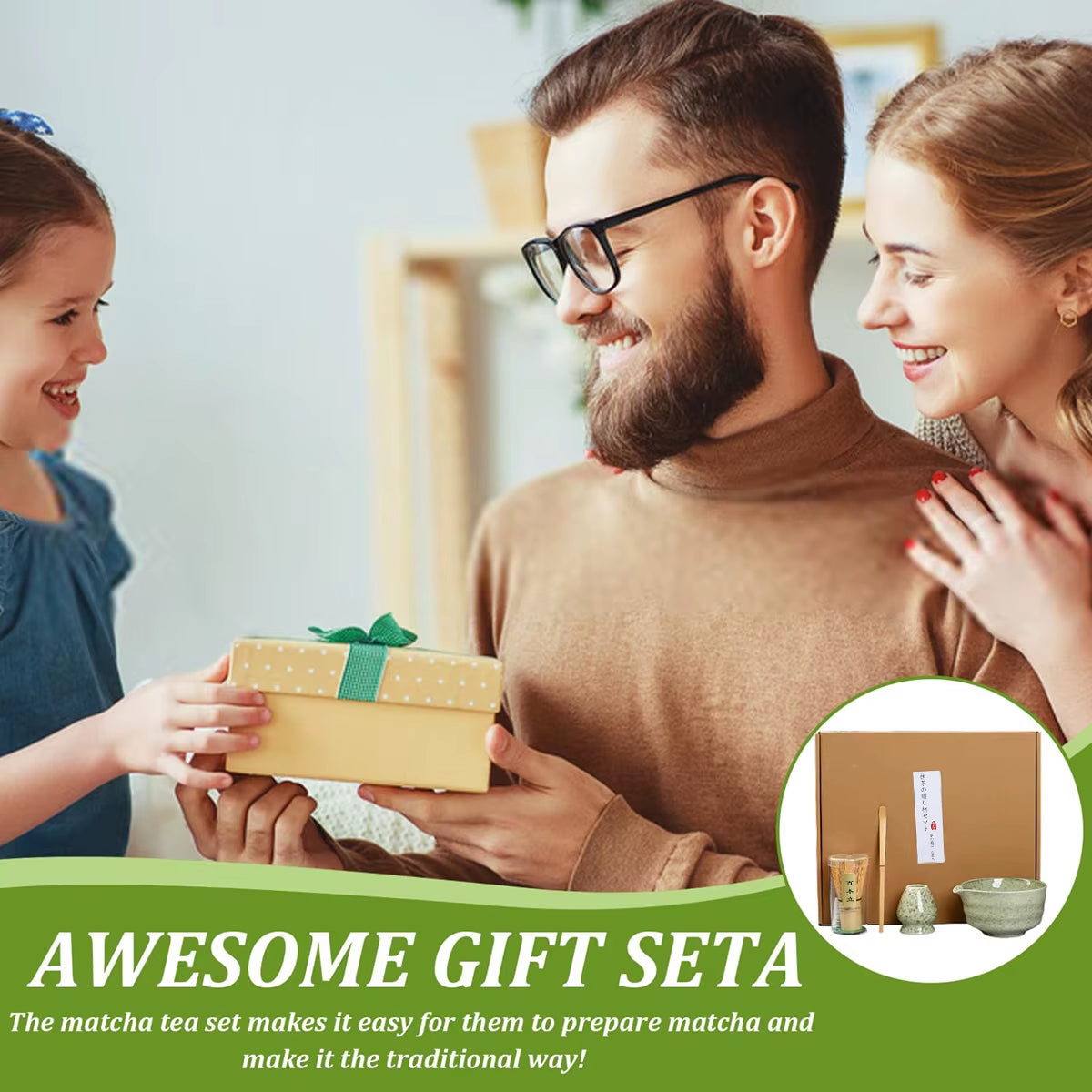 Stylish Tea Set Packaged in a Classic Chinese Gift Box Tea Bowl Tea Whisk Matcha Brush Four Piece Set