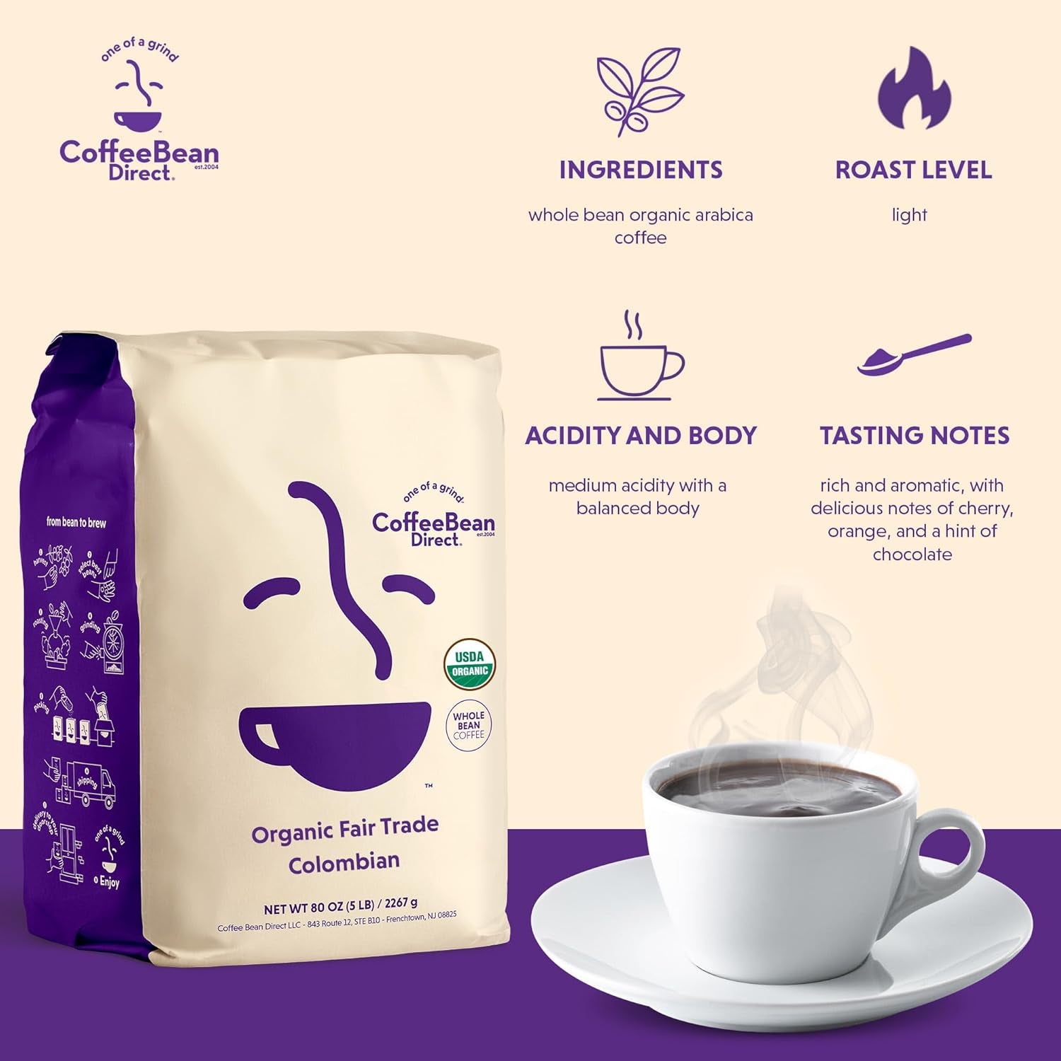 Organic Fair Trade Colombian, Whole Bean Coffee, Light Roast, 5 Pound Bag (Pack of 1)