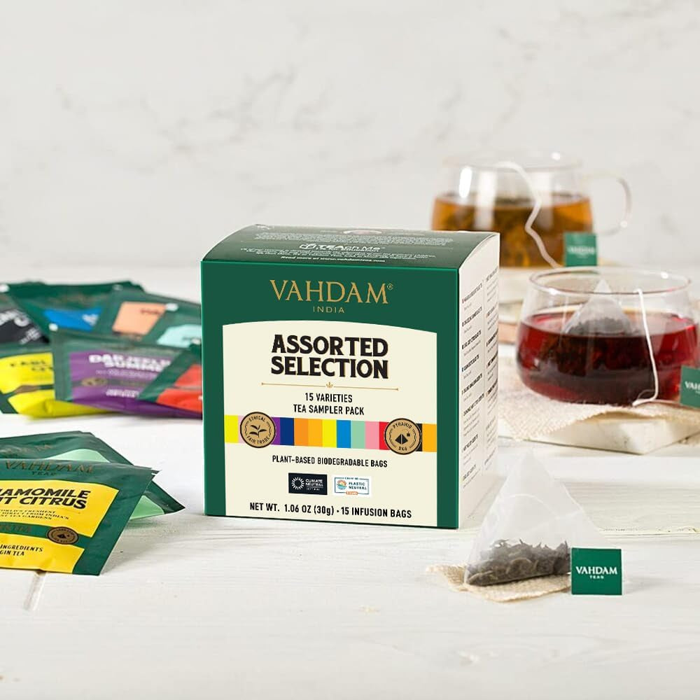 , Assorted Tea Sampler (15 Different Variety in Individually Wrapped Pyramid Tea Bags) Long Leaf Premium Teas I Teas Gift Set I Ideas for Tea Lovers | Gifts for Women & Men