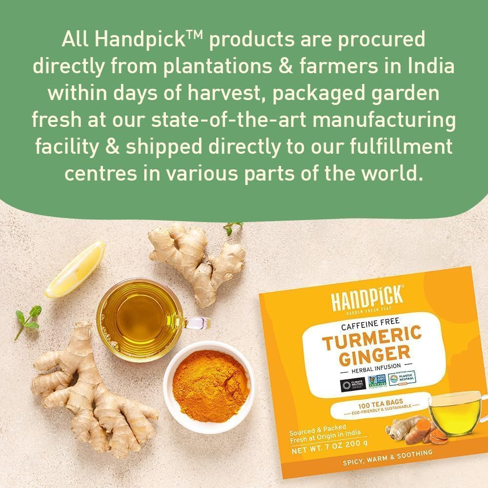 HANDPICK, Turmeric Ginger Tea Bags (100 Herbal Tea Bags) Caffeine Free, Gluten F